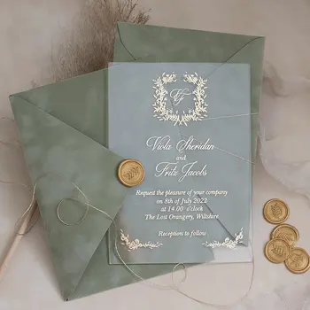 5*7 inches Custom Printed Clear Acrylic Wedding Invitations with Velvet Envelope and Self Sealing Wax Seal
