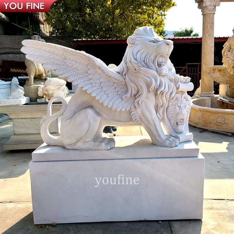 Outdoor Garden Big Natural Stone Marble Lion With Wing Statue Sitting On Base Sculpture