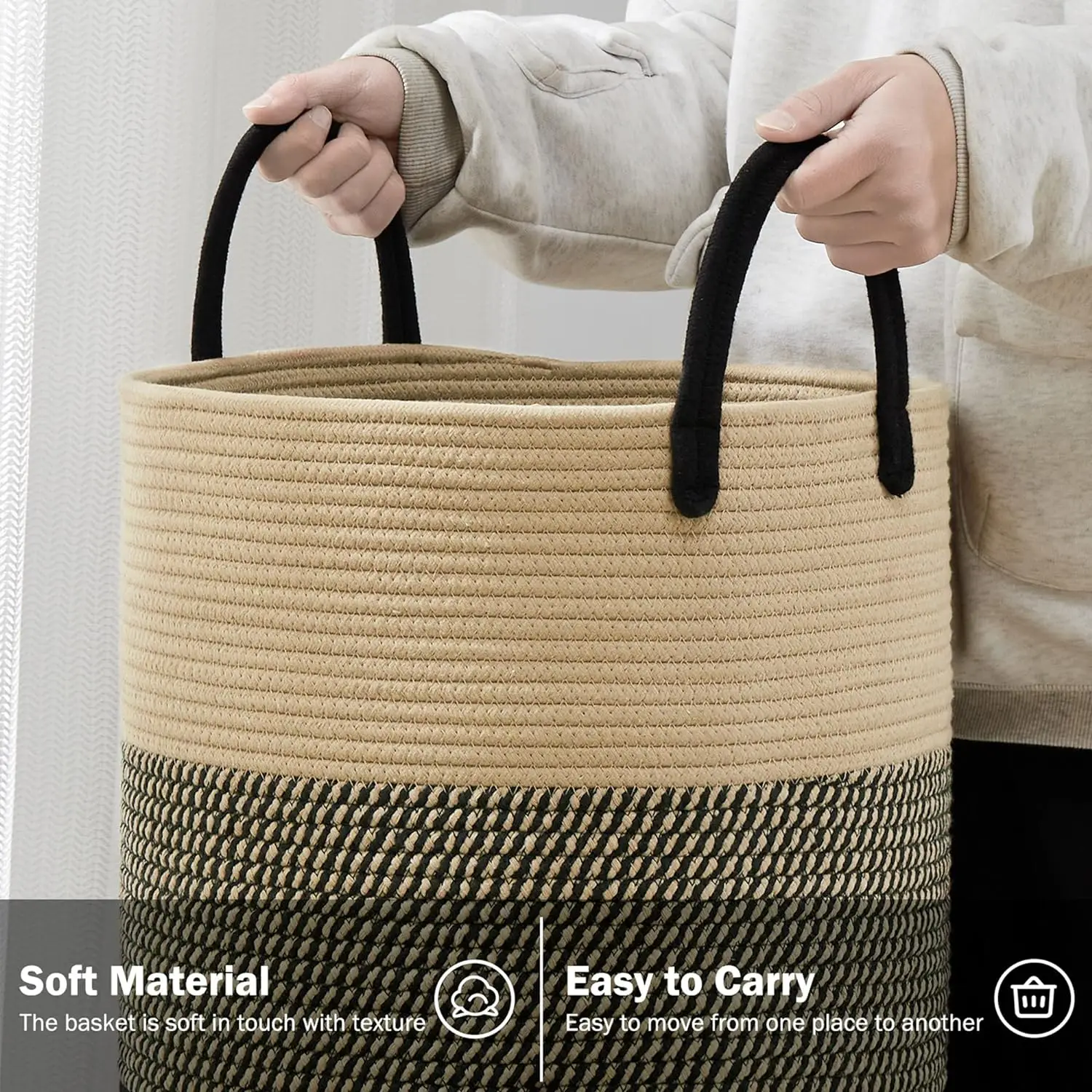 Woven Rope Laundry Hamper Basket, 58L Tall Laundry Basket for Blanket Organizer- Clothes Hamper for Bedroom Storage