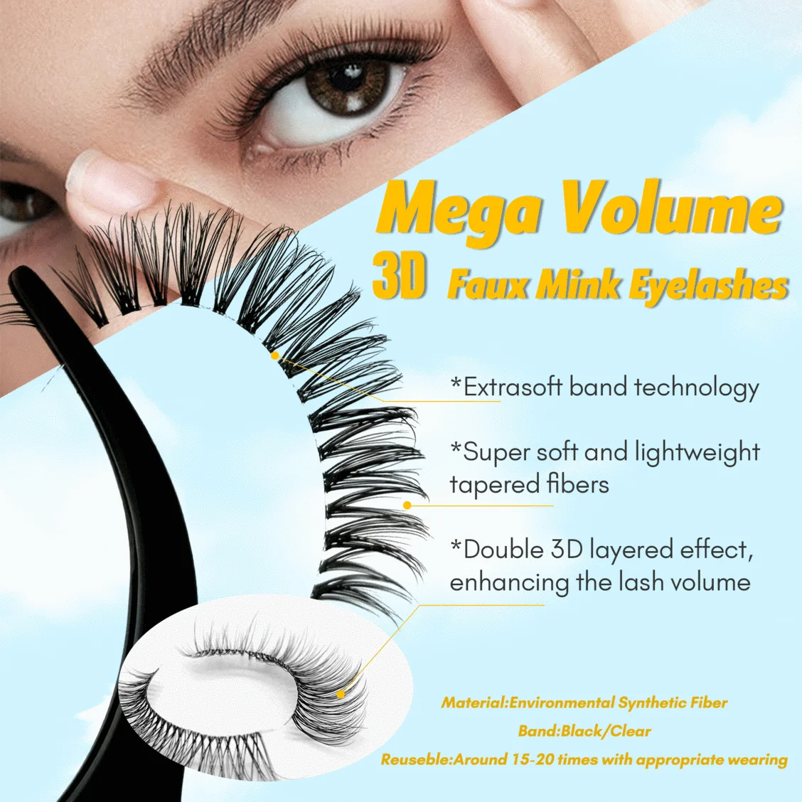 Top Quality Korean Pbt Fiber Clear Band 3d Faux Mink Eyelashes