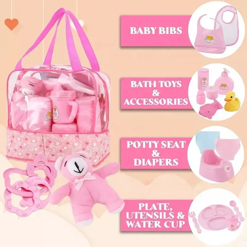 EPT 30 Piece Baby Doll Accessories Doll Feeding Care Set with Magic Bottles in a Bag for Kids Pretend Play Set