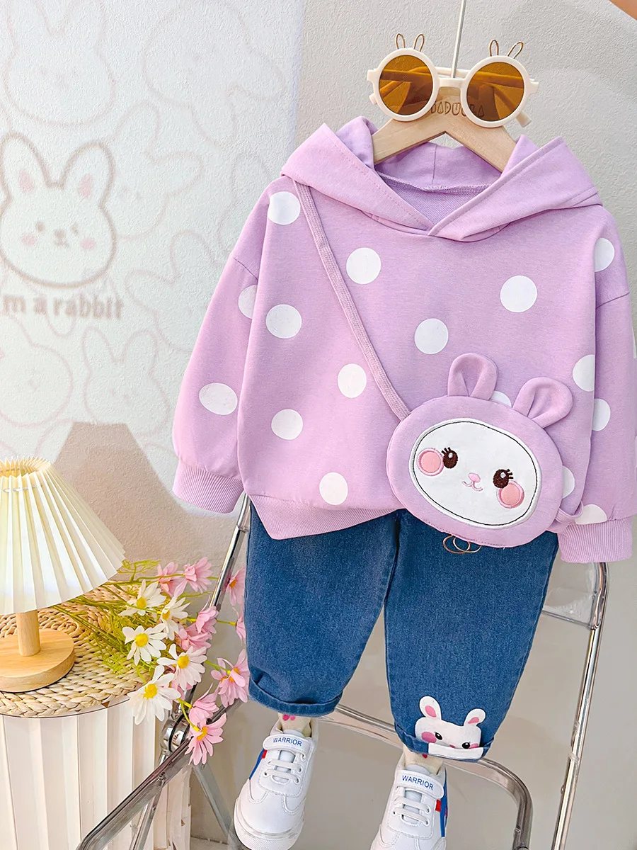 Autumn Girls' Hooded Top Jeans 2 Piece Fashion Children's Clothes Dot Rabbit Baby Clothing Sets