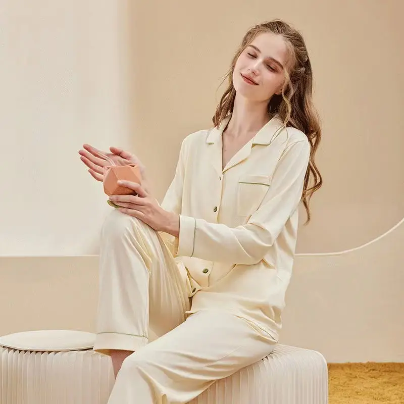 Women Men Pajamas Set Lounge Wear Long Sleeves Home Wear Pocket Soft Breathable Pajama