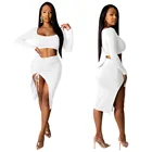 Hot Sale New Product Solid Color Drawstring Long Sleeve Irregular Sexy Short Skirt Women Sets 2 Piece