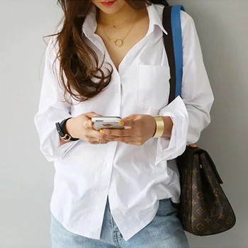 Long Sleeve Casual Turn-down Collar OL Style Women Loose Blouses Spring One Pocket Women White Shirt Female Blouse Tops