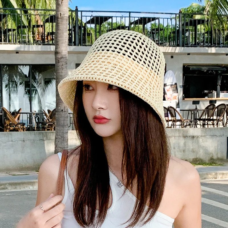 Summer Sun protection Hat Women Outdoor Knitting Sun Hat Hollow Fisherman Bucket Hat Cap