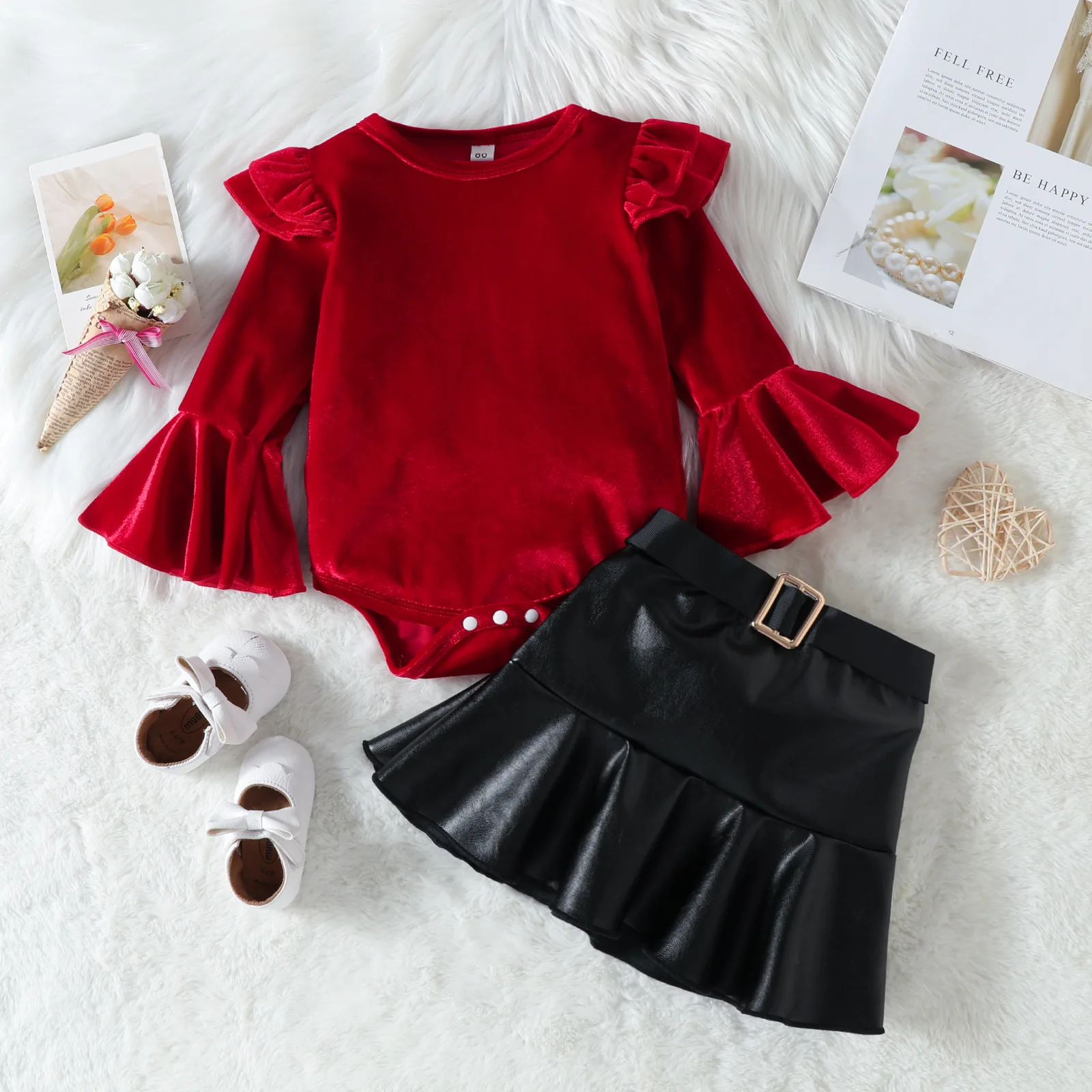 Hot selling toddler girls clothing sets boutique two-piece fall outfits fashion leather skirt suits kids casual clothes