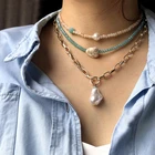 Pearl Women Jewelry Gold Cuban Chain Pearl Turquoise Glass Bead Choker Necklace