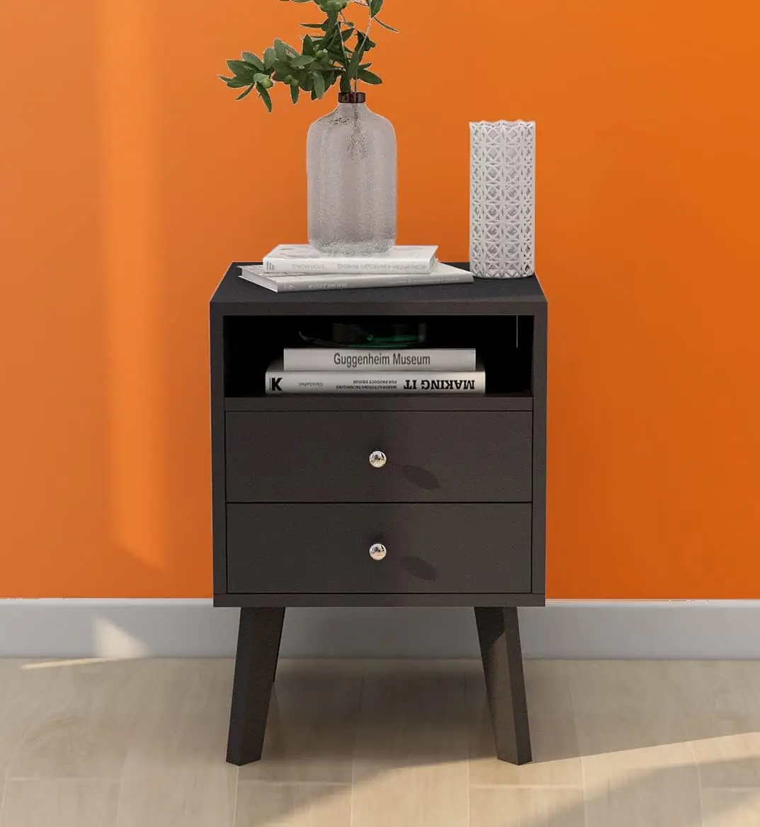 Black Nightstands Bedroom Bedside Tables MDF Wood Night Stands with 2 Drawers and Open Shelf