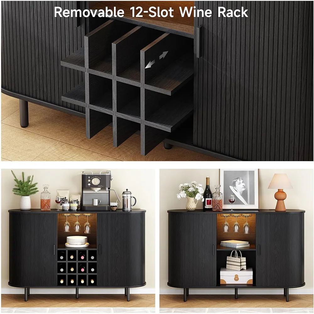 55" Wood Wine Bar Cabinet LED Light Modern Liquor Whiskey Rack Farmhouse Buffet Sideboard Storage for Living Room/Kitchen supplier