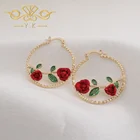 Gold Rose Wholesale Factory Price 18k Gold Cinnabar Red Rose 3D Flower Golden Branch Circle Big Hoop Earrings