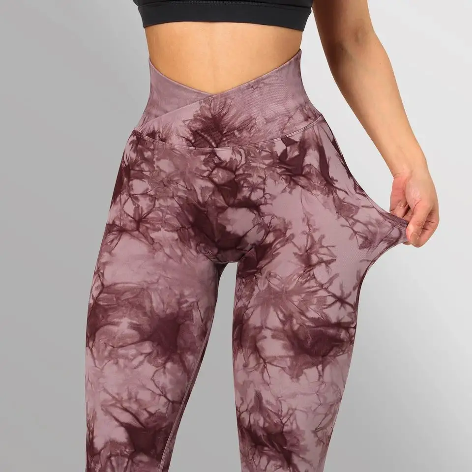 Cross waist tie-dye seamless knitted tight buttock lifting yoga pants women's yoga pants peach buttock fitness leggings