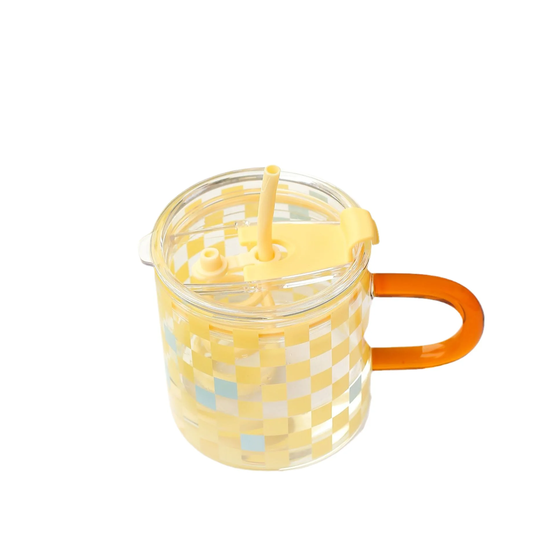 Checkerboard handle cup colorful high boron heat-resistant glass cup  glassware tumblers large-capacity  with handle and straw