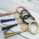 Beads Wooden Leopard Beads Monogram Engrave Disc Bracelet Tassel Keychain