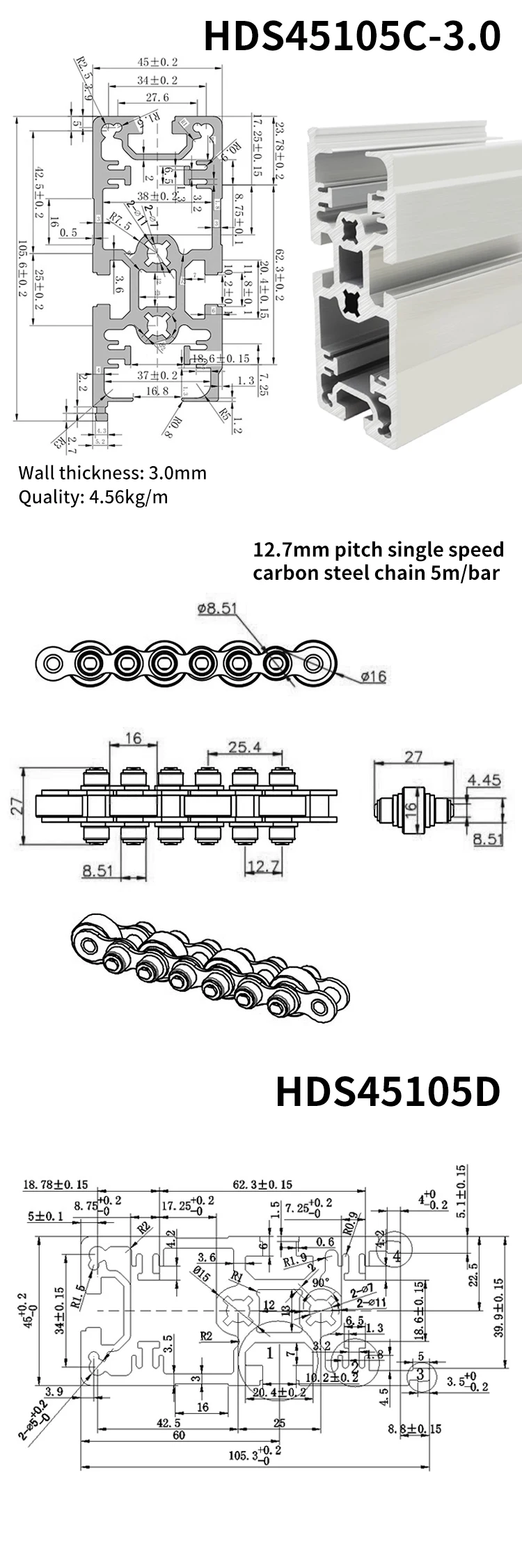 45105 Extruded Aluminum Profile 08bs-27-c16 All Steel Single Speed Chain Conveyor Line Machine Head and Tail Drive manufacture
