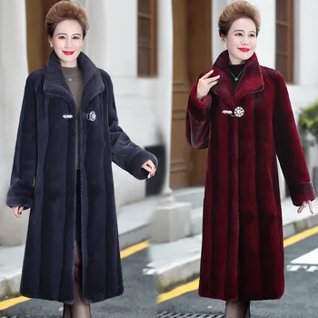 Factory wholesale mink coat female long over the knee middle-aged and elderly mother with thick big size grandma mink fur coat