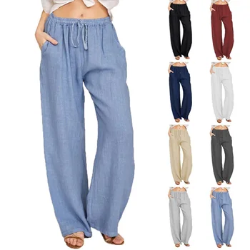 Autumn Solid Colors Women Casual Wide Leg Pants Elastic Middle Waist Fashion Solid Casual Female Trousers