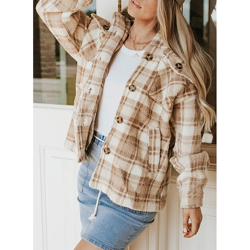 Dear-Lover Private Label OEM ODM Winter New Fashion Button Plaid Fleece Sherpa Jacket With Pockets