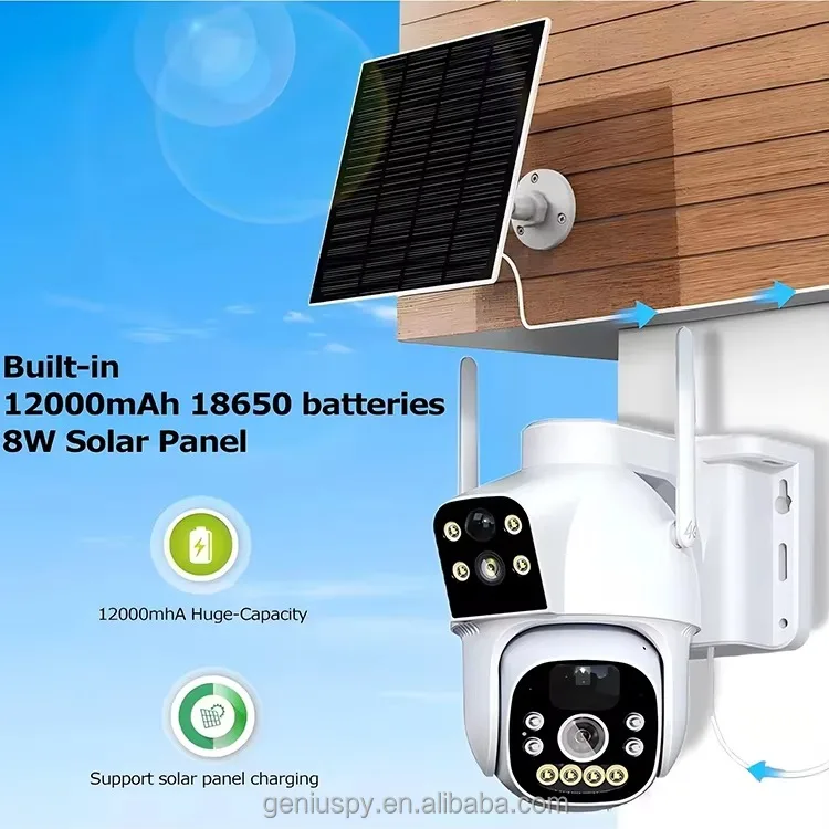 Camhipro Low Power Dual-lens 4MP Wi-Fi/ 4G Wireless Dome PTZ Pan Tilt Solar Battery Camera With Dual PIR Motion Detection Alarm