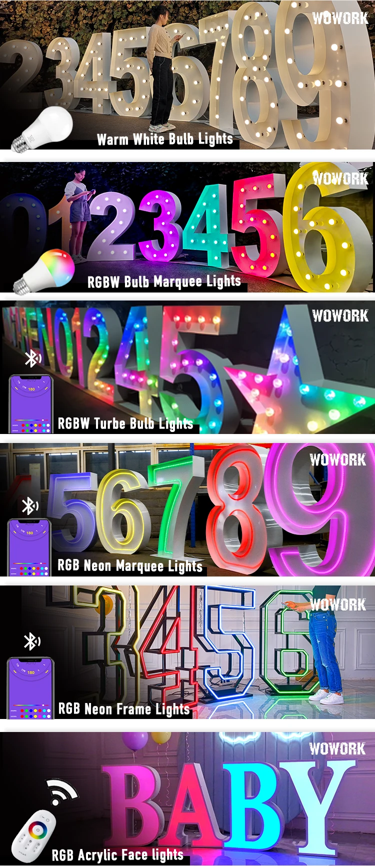 2023 Wowork Giant Large Big Party Decoration Led Rgb 4ft 5ft Big Neon