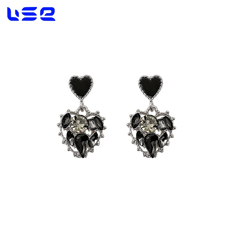 S925 sterling silver exquisite simple temperament black rhinestone love fashion jewelry earrings