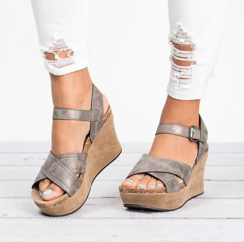 34-43 Large Roman Sandals Shallow round toe sloping high heels Open toe sandals