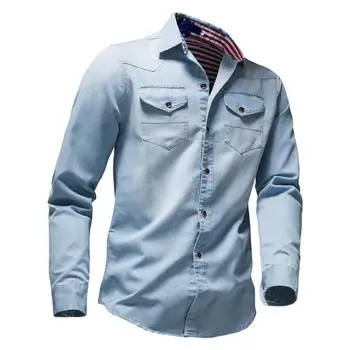 Wholesale price full sleeve denim shirt for men custom logo jean shirt with long sleeve