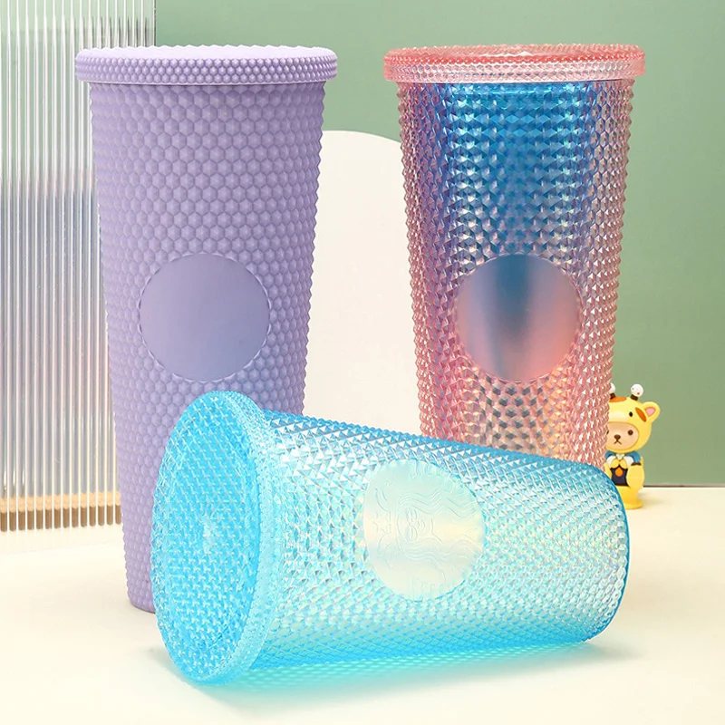 Eco Friendly Clastic cups with lids diamond durian cup with lid and straw double wall plastic cup