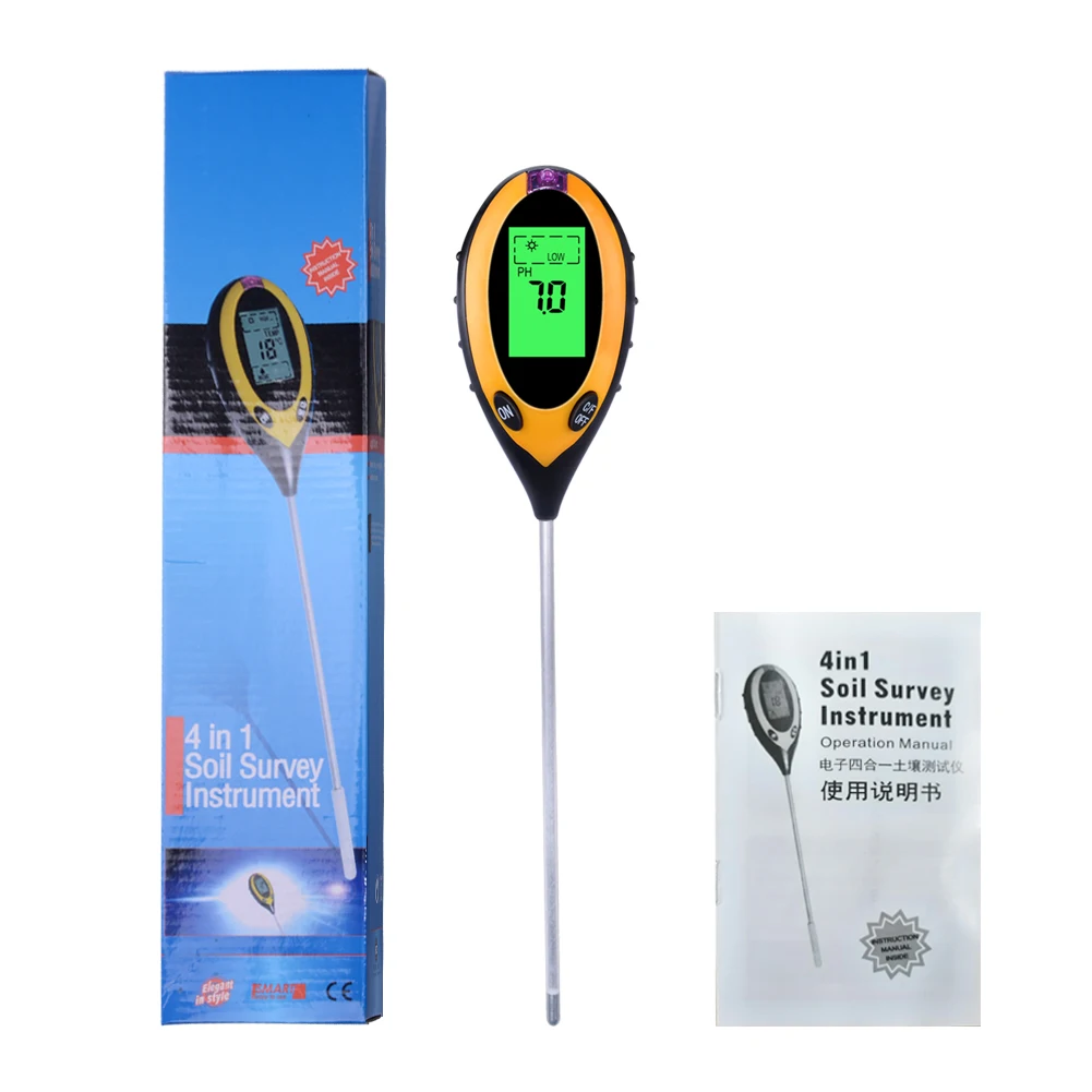 4 In 1 Electronic LCD Moisture Temperature Sunlight PH Garden Soil Tester Meter 