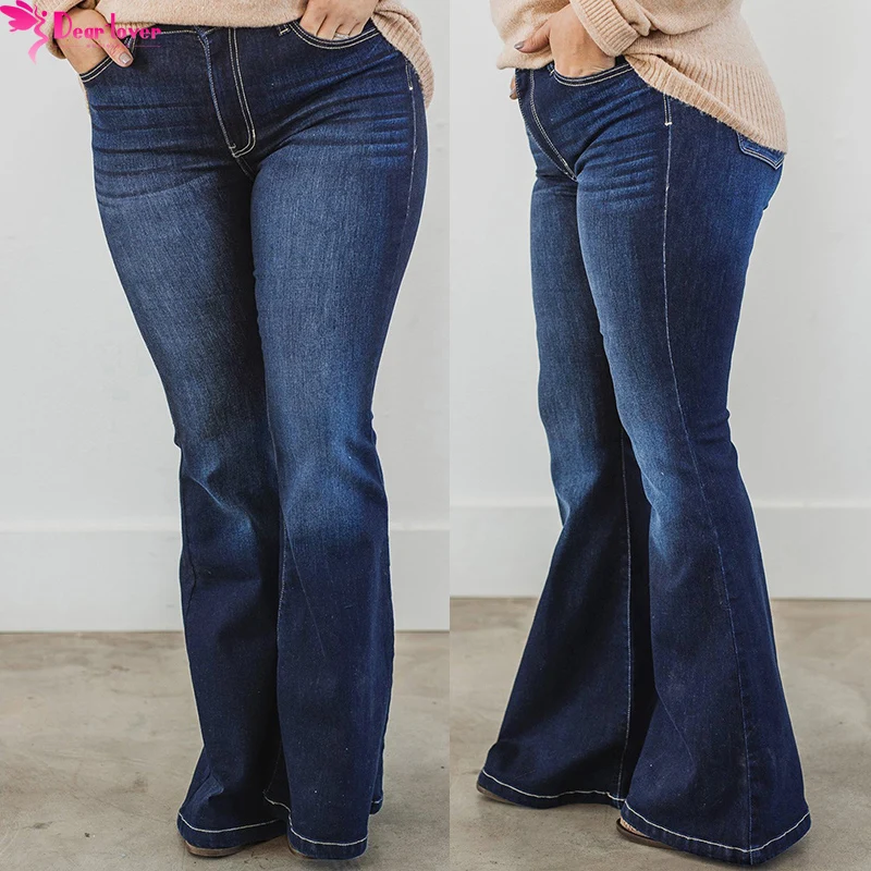 Dear-Lover High Quality Women Deep Wash Denim Mid-Waist Distressed Plus Size Jeans For Women
