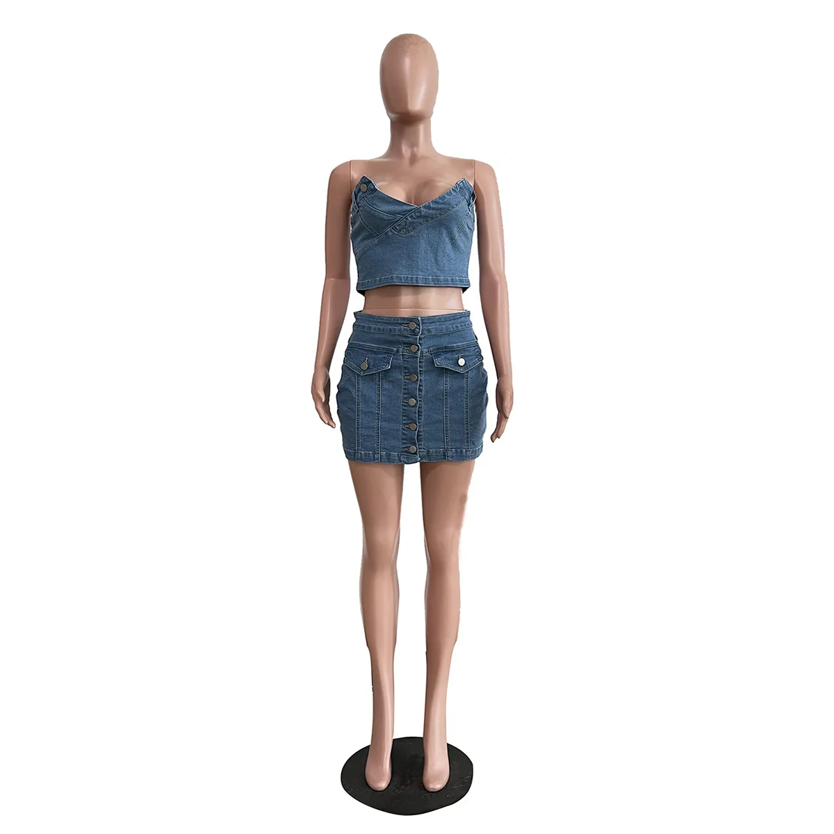 Latest Design Cotton Wash Denim Outfit for Women Sexy Strapless Crop Top High Waist Button Jean Mini Skirt 2 Piece Set details