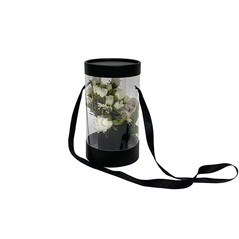 Transparent Plastic Preserved Bouquet Packaging Round Gift Clear PVC Cylindrical Flower Box For Flowers with Ribbon Handle