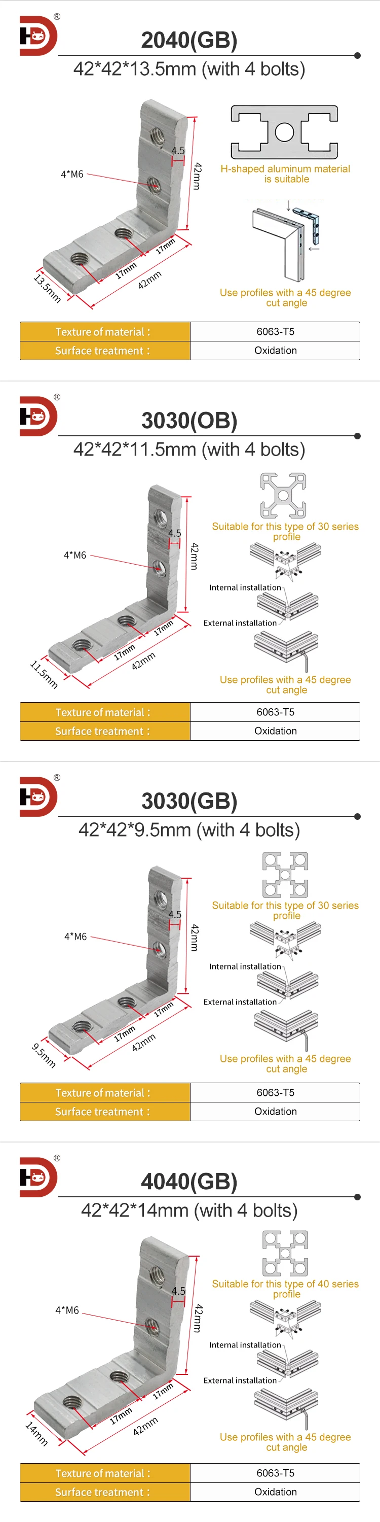 45 Degree Aluminum Profile Accessory 1530 Corner groove Connector 2040 Built-in Fixator 304040 Corner Piece supplier