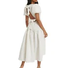 Sexy Dress Dresses Women Elegant Sexy Lady Puff Sleeve Sexy Bow Tie Back Women Linen Midi Dress