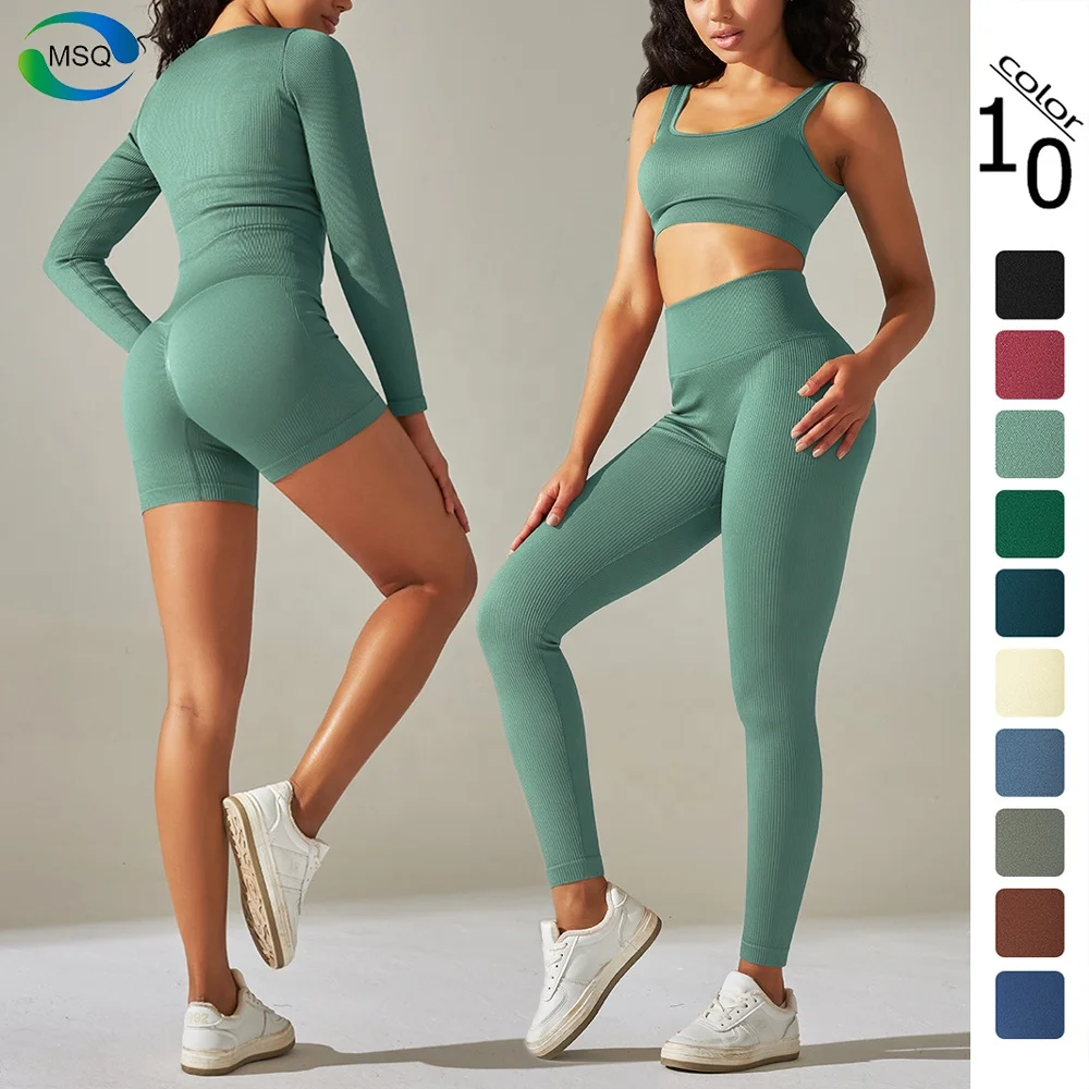 Wholesale Fitness Yoga Wear New Activewear Set Ribbed 4PCS Sport Shorts Bra Leggings long sleeve top Seamless Yoga Women Gym Set