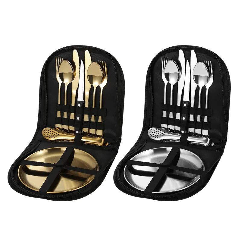 Hot sale Picnic Camping Cutlery Plate Food Tong Fork Spoon Knife Set Stainless Steel Travel Cutlery Set with storage bag