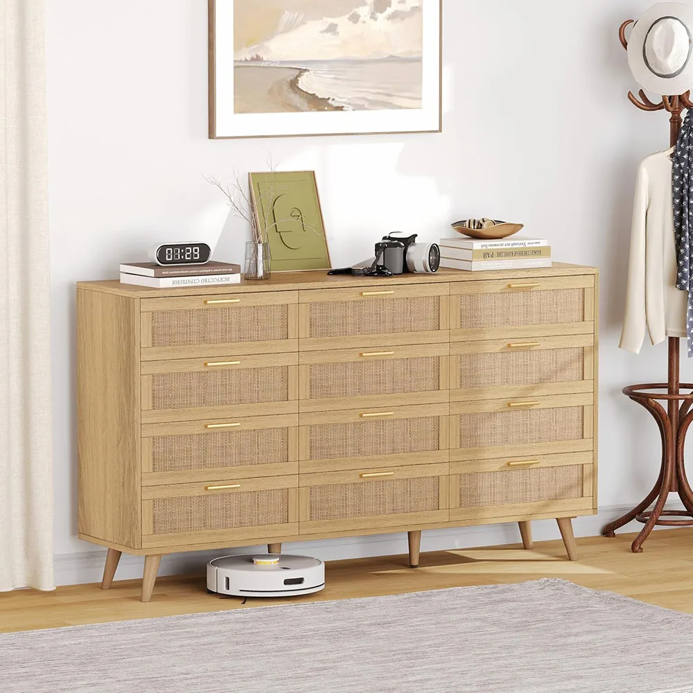 product 12 drawer double dresser modern oak chest dressers with golden handles for bedroom and living room natural-4