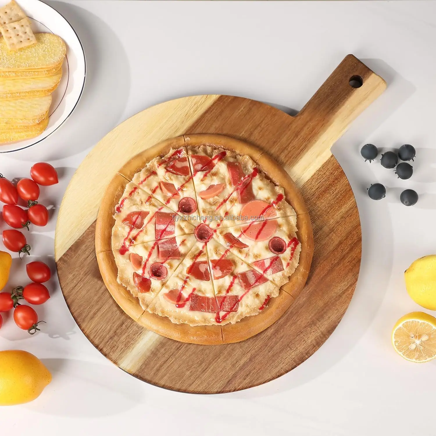 product 2 pack acacia wood square cutting board set with stand 06 inch thick for cheese meat pizza vegetables 16x12 inch-1