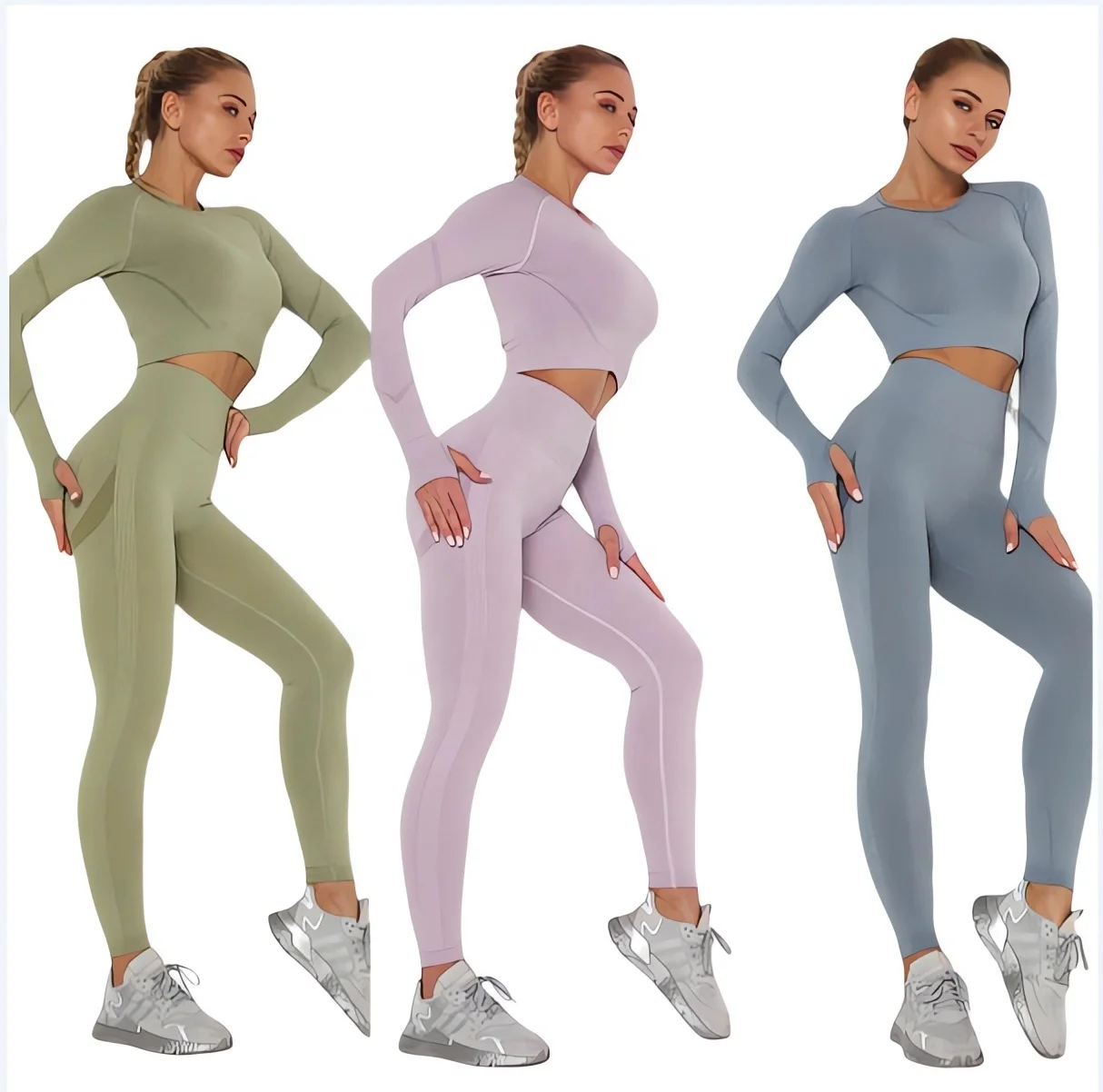 Workout Outfits for Women 2 Piece Ribbed Exercise Long Sleeve Tops High Waist Leggings Active Yoga Set