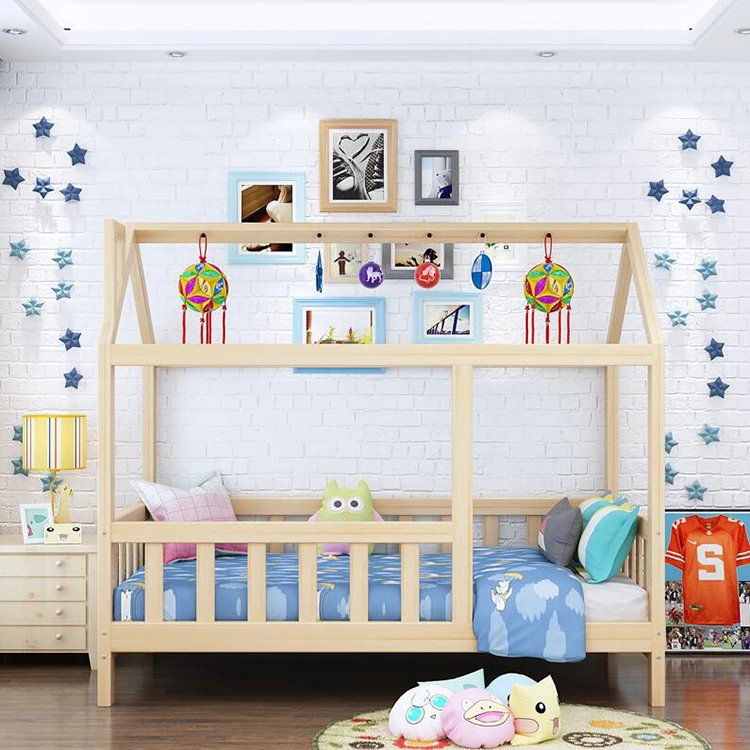 Children'S Solid Wood Bed Frame Simple Wooden Kids Bed With Guardrail