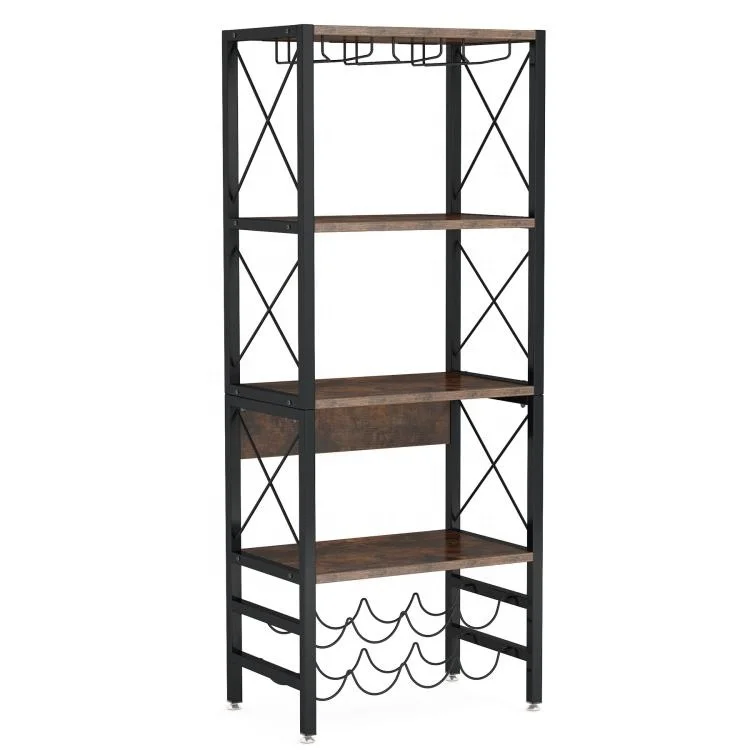Tribesigns Industrial Wine Bakers Rack with Glass Holder and Wine Storage Wooden Wine Cabinet Bar