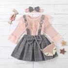 Girls Skirt Autumn Girls Lace Tops + Bow Plaid Little Skirt +bow Headbands Outfits Kids Clothing Sets 2021