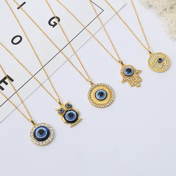 Hot Sale Lucky Jewelry Dainty Turkish Blue Eye Hand Pendant Hamsa Necklace Evil Eye Necklace Gold Plated