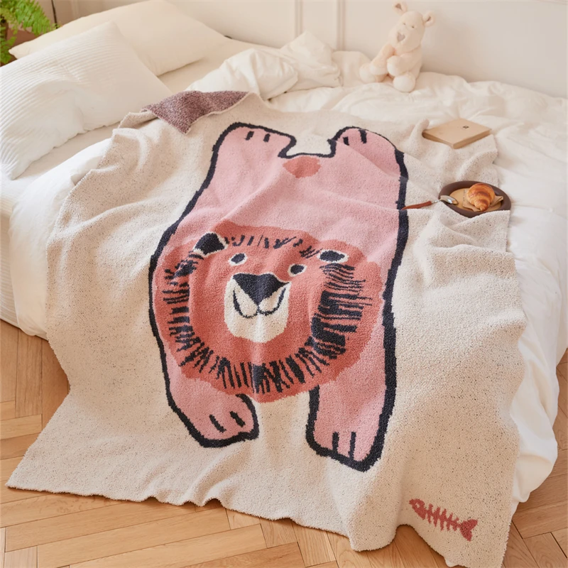 product ly factory direct cute lion jacquard knitted blanket 100 polyester fiber home decoration-58