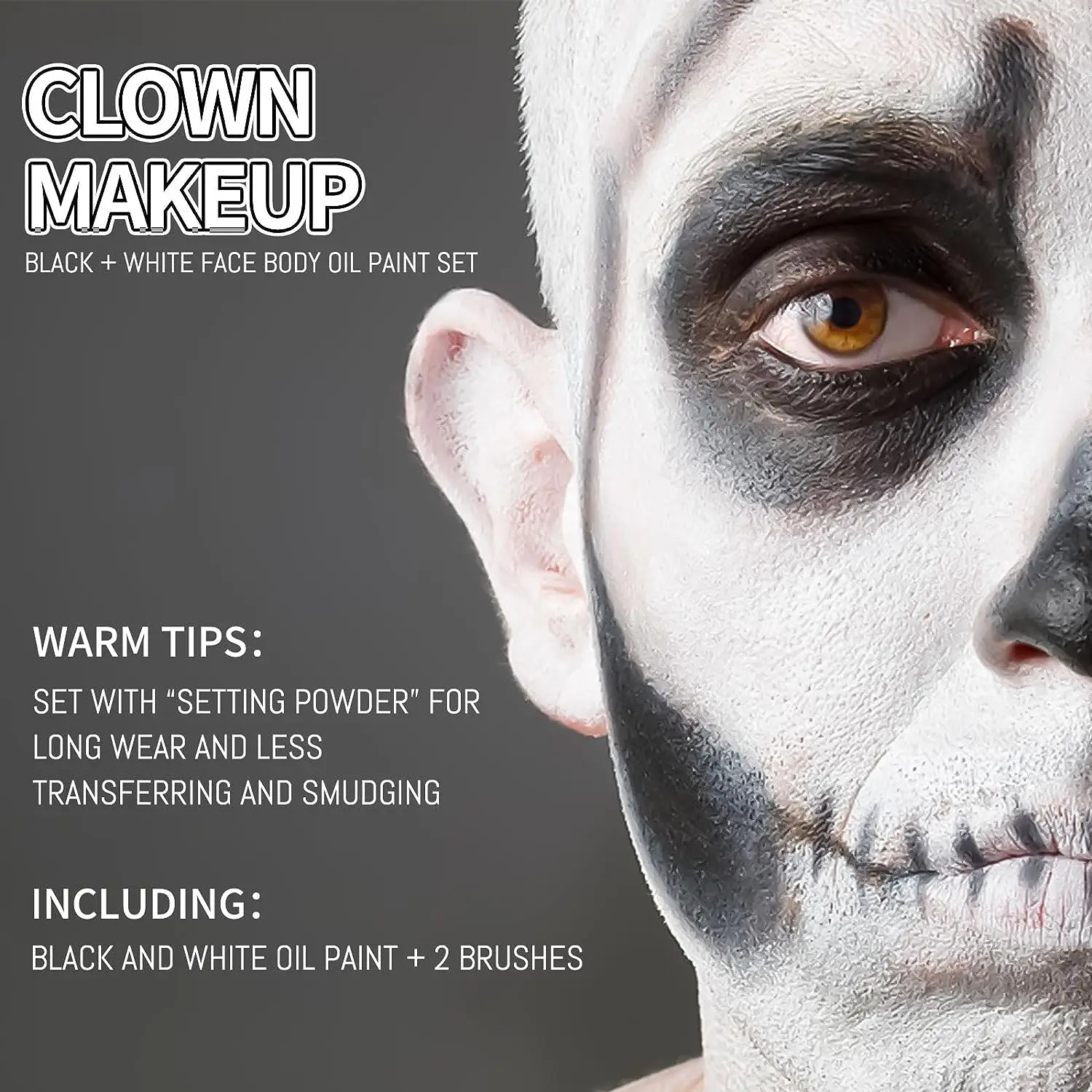 Black & Clown White Face Body Paint with 3Pcs Painting Brushes Set, Water Based Makeup Palette for Kids & Adults, Non-Toxic