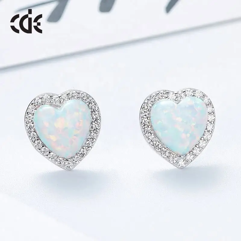 CDE YE1226 Fine 925 Sterling Silver Jewelry Earring Wholesale Heart Opal Simple Design Rhodium Plated Stud Earrings For Women