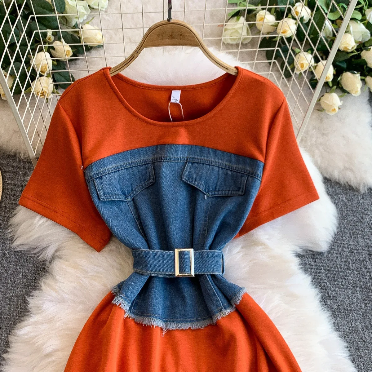 Denim Patchwork Knitted Short Sleeve Summer Anti-static High Waist Slimming Mid-length Skirt Dress for Women details