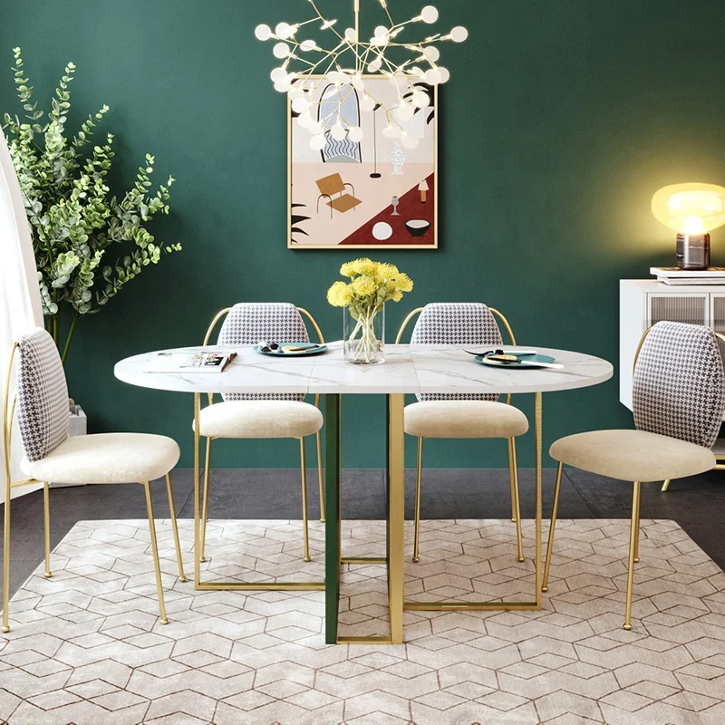 Nordic Style Modern Furniture Stainless Steel Frame Marbling Slab Folding Luxury Dining Table