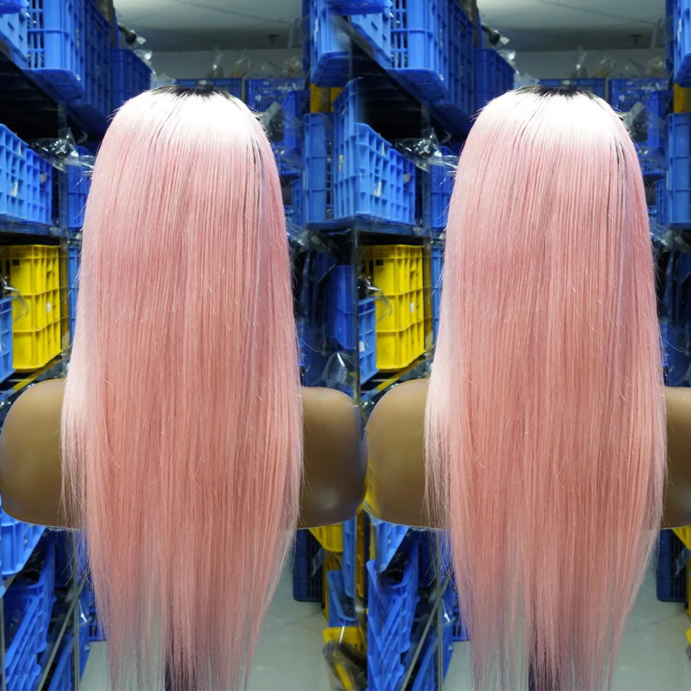 Ready Stock Straight Color Pink Lace Front Wig Human Hair,1b/Pink 13x4 Frontal 150% 20 Inch Straight Bob Wig