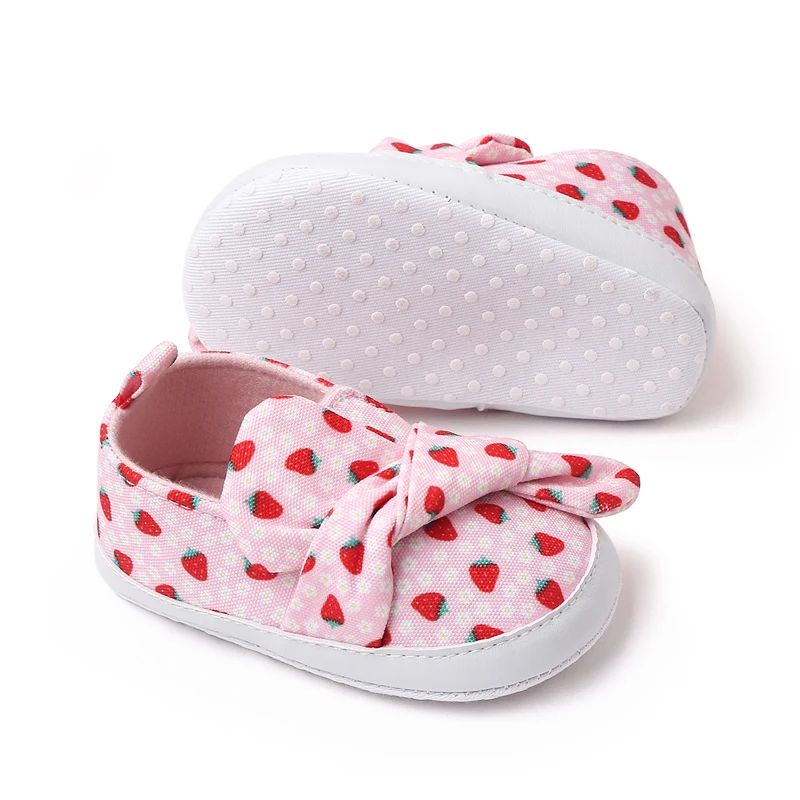 New Bow Striped Strawberry Print Soft Soled Spring and Autumn Toddler Shoes for Baby Girls factory